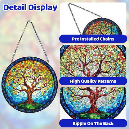 Tree of Life Stained Glass Window Hanging - Sun Catchers for Indoor/Outdoor Décor | Artisan Glass Panels for Home & Garden Wall Art | Unique Suncatcher Housewarming Gift for Home Decoration