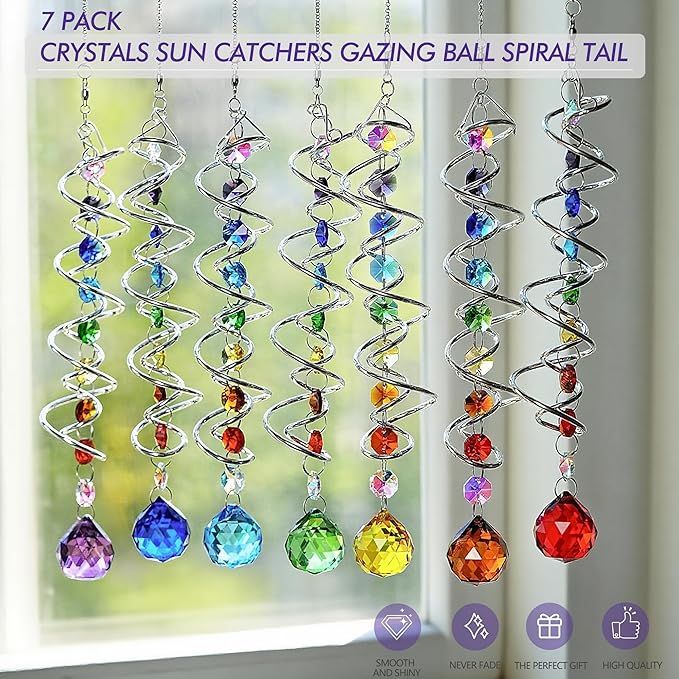 7 Chakra Crystal Sun Catcher Hanging Crystal Prisms Ornaments with 20mm Rainbow Beads for Window Garden Indoor Home Decor