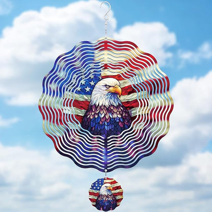 American Eagle Wind Spinner - 3D Stainless Steel Wind Spinners Outdoor Flag Pattern Kinetic Art Spinning Decor 12 Inch 250 Anniversary Hanging Ornaments for Patio Lawn Garden Yard Balcony