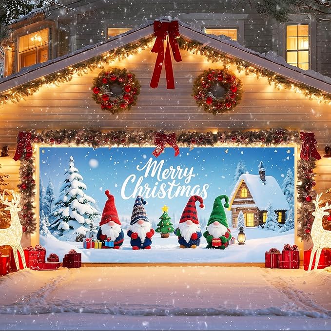 IVN Christmas Garage Door Cover Decoration 13x6ft Gnomes with Snowy Cottage and Pine Trees Merry Christmas Garage Door Banner Home Door Front Yard Decor for Xmas Eve Holiday Outdoor