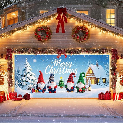 IVN Christmas Garage Door Cover Decoration 13x6ft Gnomes with Snowy Cottage and Pine Trees Merry Christmas Garage Door Banner Home Door Front Yard Decor for Xmas Eve Holiday Outdoor
