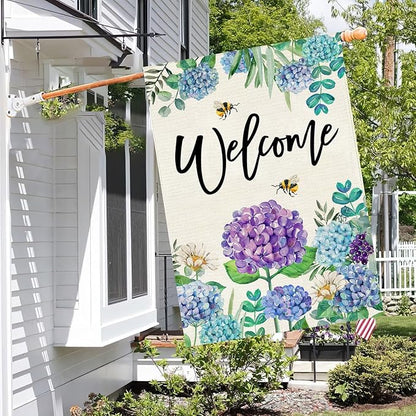Baccessor Spring Hydrangea House Flag Double Sided 28x40 Inch, Purple Blue Flower Floral Welcome Garden Flag Burlap Vertical Seasonal Farmhouse Yard Outdoor Decoration (Large)
