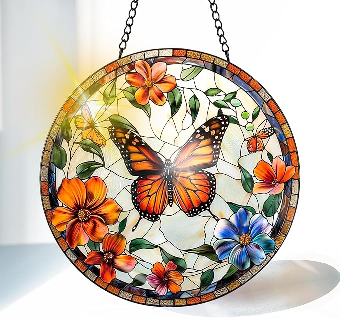VAIIEYO Butterfly Sun Catcher Stained Glass Window Hanging Ornament, Handmade Sun Catcher Flower Decoration with Hooks for Window Garden Home, Mother's Day & Birthday Housewarming Gift (7.8 inch)