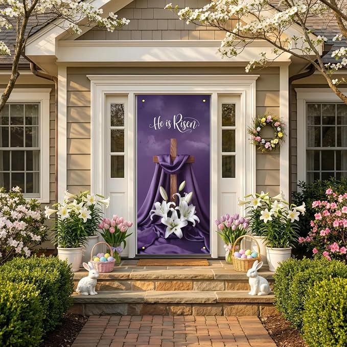 He Is Risen Easter Door Cover Decorations 35x71 Inch - Premium Religious Cross Church Banners with White Lilies, Purple Resurrection Sunday Decorative Porch Sign for Holy Week Home Outdoor Lent Decor