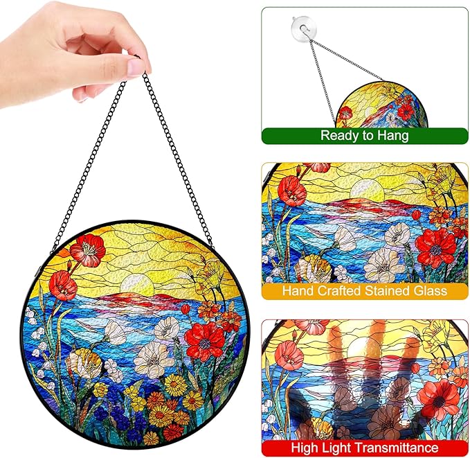 Remiawy Stained Glass Window Hanging, Wildflowers Sunrise 8 Inch Glass Panel with Metal Chain and Hooks Large Window Indoor Wall Art Decor Gift for Women Mother's Day Christmas