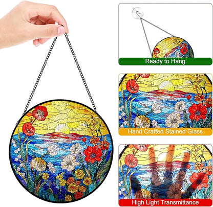 Remiawy Stained Glass Window Hanging, Wildflowers Sunrise 8 Inch Glass Panel with Metal Chain and Hooks Large Window Indoor Wall Art Decor Gift for Women Mother's Day Christmas