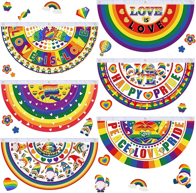 6 Pcs Gay Pride Bunting Fan Flag Lgbt Rainbow Bunting Flag Happy Gay Day Garden Half Fan Banner Decoration Holiday Indoor Outdoor Yard Decor, 1.5 x 3 ft