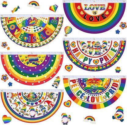 6 Pcs Gay Pride Bunting Fan Flag Lgbt Rainbow Bunting Flag Happy Gay Day Garden Half Fan Banner Decoration Holiday Indoor Outdoor Yard Decor, 1.5 x 3 ft