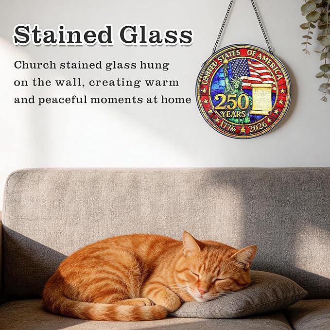 250th Anniversary USA Suncatcher - Patriotic Stained Glass Window Hanging for 4th of July Decorations - Vibrant Independence Day Decor for Home & Garden, Perfect 250 Anniversary USA Merchandise Gift