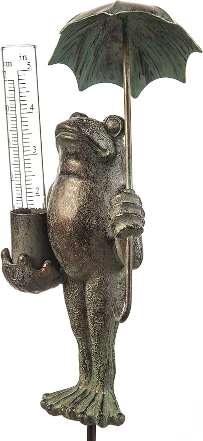 Evergreen Garden Metal Frog Statue with Umbrella Glass Rain Gauge Weather Station | Green | Garden Decor Outdoor | 18 Inches Tall | 5" Rain Capacity Easy to Read