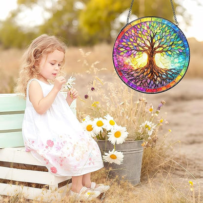 Tree Stained Glass Suncatcher, 8" Round Tree Window Hanging with Metal Chain, Colorful Decorative Glass Art for Home Garden, Gift for Mom and Grandma