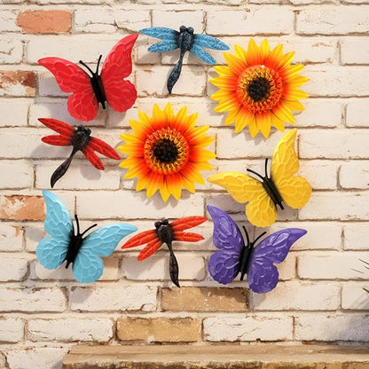 Pumtus 9 Pack Metal Sunflowers Wall Decor, Garden Flower Wall Art Decorations, Outdoor Butterfly Dragonfly Hanging Patio Decor, Yard Floral Fence Sculptures for Indoor Outside Living Room Bedroom