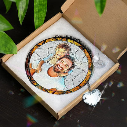 VINATIMES Personalized Dad Stained Glass Suncatcher, Photo Family Stained Glass Window Hanging Decoration, Custom Photo Gift for Dad from Son Daughter, Birthday Gift for Grandpa, Papa, Uncle