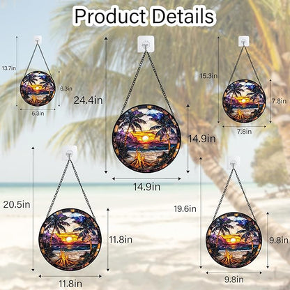 DASTOLL Stained Glass Window Hanging,Bonfire Beach Landscape Suncatcher Diamond Glass Panel Sun Catchers Decor for Birthday for Women, Men, Wife, Aunt, and Mom 14.9x14.9 in