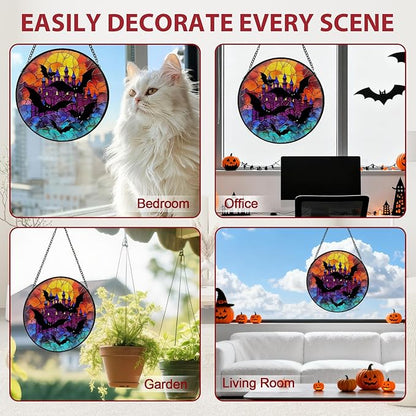 Bat Stained Glass Window Hanging, Horror Movies Decor Suncatcher for Window Hanging, Moon Sun Catchers Indoor Windows Wall Art, Gifts for Bat Lovers, Christmas Decor, for Home Garden Office 7.87 inch