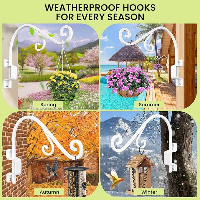 Swivel Plant Hangers Outdoor: 2 Pack 16 Inch Metal Hanging Plant Bracket Sturdy Wrought Iron Plant Hooks Indoor Wall Mount for Hanging Bird Feeders, Lanterns, Flower Baskets, Wind Chimes, White