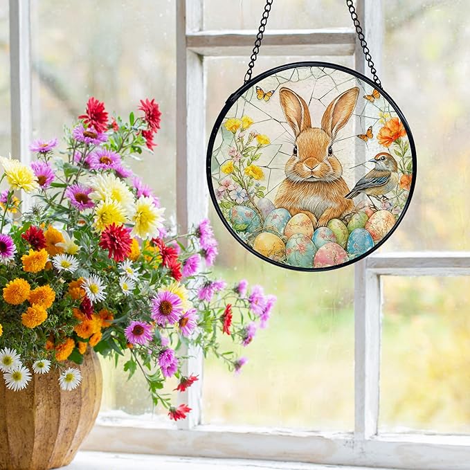 Easter Egg Bunny Bird Suncatchers Stained Glass Window Hanging, Easter Bunny Decor Sun Catchers Indoor Window Glass Round Wall Decor, Rabbit Wall Hanging Decorations, 7.9x7.9in