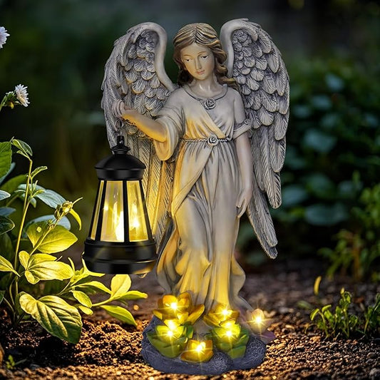 NBQQ Angel Outdoor Garden Decor, 11.8 inches Waterproof Statue with Solar Light for Outside Yard Art, Patio Balcony Front Lawn Ornaments, Warm White Automatic LED, Gifts for Mom Grandma Women