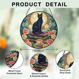 Black Cat Floral Book Stained Glass Window Hanging, Black cat suncatcher,Beautiful Flowers Book Lovers Stained Glass Suncatcher, Book Reader Gifts Round Wall Hanging Decor, 7.9x7.9in