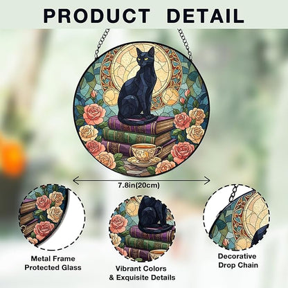 Black Cat Floral Book Stained Glass Window Hanging, Black cat suncatcher,Beautiful Flowers Book Lovers Stained Glass Suncatcher, Book Reader Gifts Round Wall Hanging Decor, 7.9x7.9in