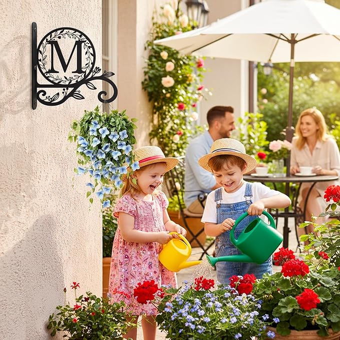 Personalized Initial Metal Plant Hanger Bracket, Decorative Wall Mount Hanging Plant Hook, Monogram Floral Leaf Garden Stake for Hanging Baskets Bird Feeders Lanterns Wind Chime (Custom made)