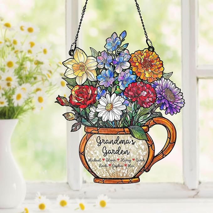 Personalized Grandma Stained Glass Sun Catcher, Custom Birth Month Flower Stained Glass Acrylic, Grandma's Garden Suncatcher Window Hanging Ornament, Mothers Day Grandma Mom Gifts