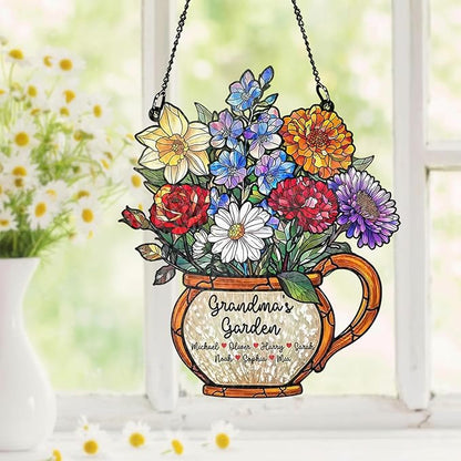 Personalized Grandma Stained Glass Sun Catcher, Custom Birth Month Flower Stained Glass Acrylic, Grandma's Garden Suncatcher Window Hanging Ornament, Mothers Day Grandma Mom Gifts