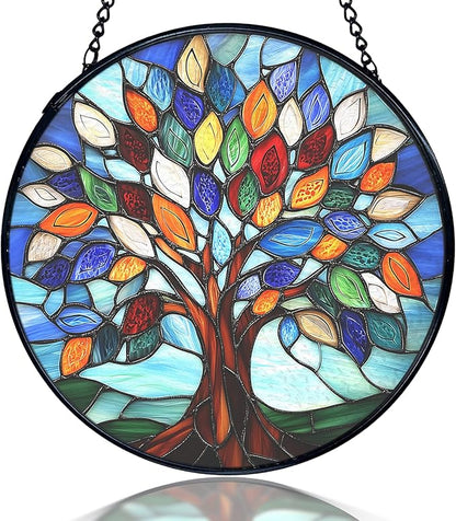 kdqua Tree of Life Suncatcher Stained Glass Window Hanging, Sun Catchers Indoor Window Glass Round Wall Decor, Nature Wall Art Hanging Decorations Statues Christmas & Birthday Gifts, 7.9x7.9in