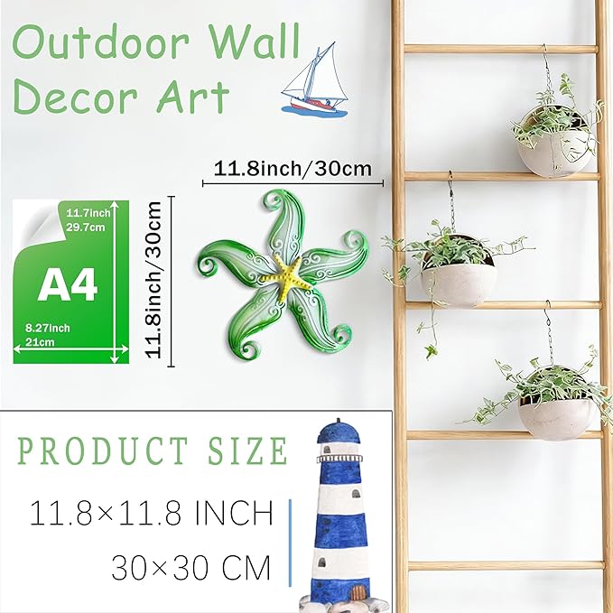 POXOHO Starfish Outdoor Metal Wall Decor, Metal Wall Art Outdoor for Garden Yard Fence, 12" Hanging Glass Sculpture, Starfish Coastal Wall Decor for Ocean Themed Gifts (Green)