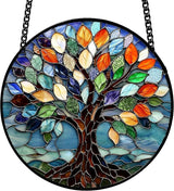 Stained Glass Window Hanging, Tree of Life Sun Catchers Glass Panel Colorful Suncatcher Decor for Birthday, Women, Men, Wife, Aunt, Lovers, Home Garden 7.8 in
