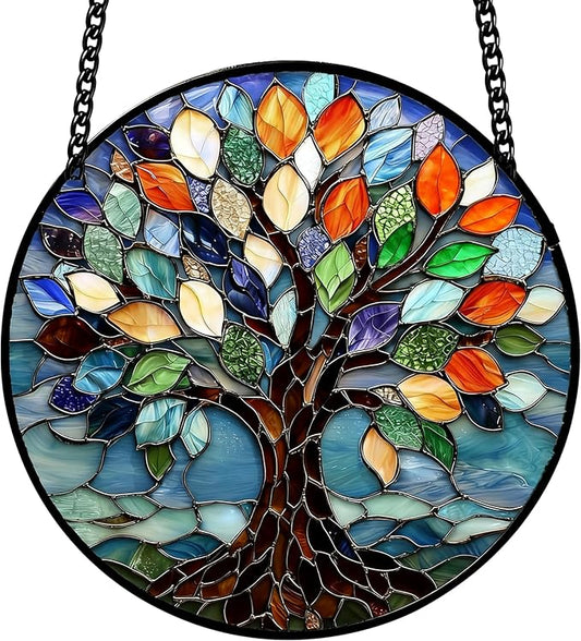 Stained Glass Window Hanging, Tree of Life Sun Catchers Glass Panel Colorful Suncatcher Decor for Birthday, Women, Men, Wife, Aunt, Lovers, Home Garden 7.8 in