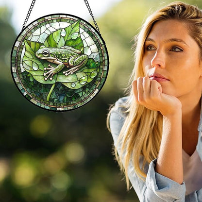 Stained Glass Window Hanging - Cute Frog Suncatcher for Doors Garden Patio Green Leaves Sun Catchers Decor Christmas Mother's Day Birthday Gifts for Women Men Mom Nana Boy Friend 9.8 in