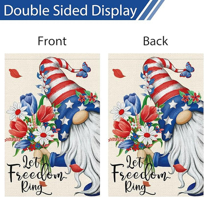 Let Freedom Ring Garden Flag 12x18 Inch Double Sided Burlap, 4th of July Gnome Garden Flags Patriotic Memorial Day Flower Yard Flag for Independence Day Outdoor Decor (ONLY FLAG)
