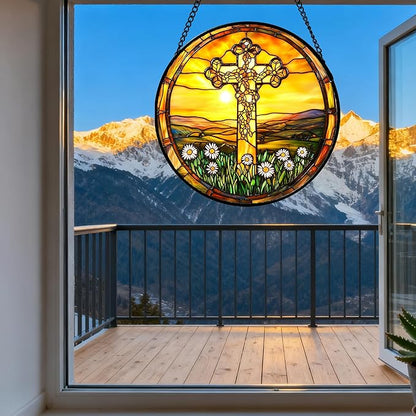 DASTOLL Christian Gifts for Women - Cross Stained Glass Window Hanging Easter Golden Sun Sunset Flower Sun Catcher Garden Religion Decor Mother's Day Catholic Gift for Men Grandma Nana Her 15"