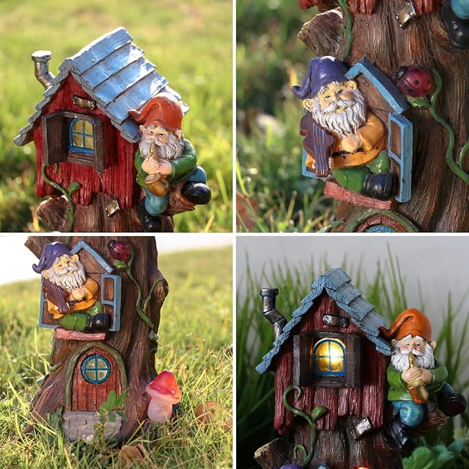 TERESA'S Collections 11" Tall Large Garden Statues Gnome Treehouse with Solar Outdoor Light, Garden Sculptures Statues Figurines Resin Garden Decor Lawn Ornaments Patio Yard Decor Gifts for Mom