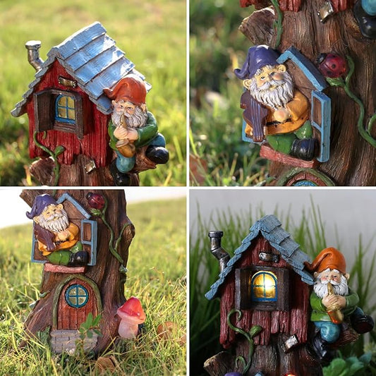 TERESA'S Collections 11" Tall Large Garden Statues Gnome Treehouse with Solar Outdoor Light, Garden Sculptures Statues Figurines Resin Garden Decor Lawn Ornaments Patio Yard Decor Gifts for Mom