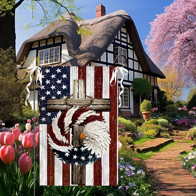 Patriotic Stars and Stripes Eagle Wreath Garden Flag 12x18 Inch Double Sided USA 4th of July Burlap Yard Flags Memorial Day Independence Day Yard Outdoor Decoration