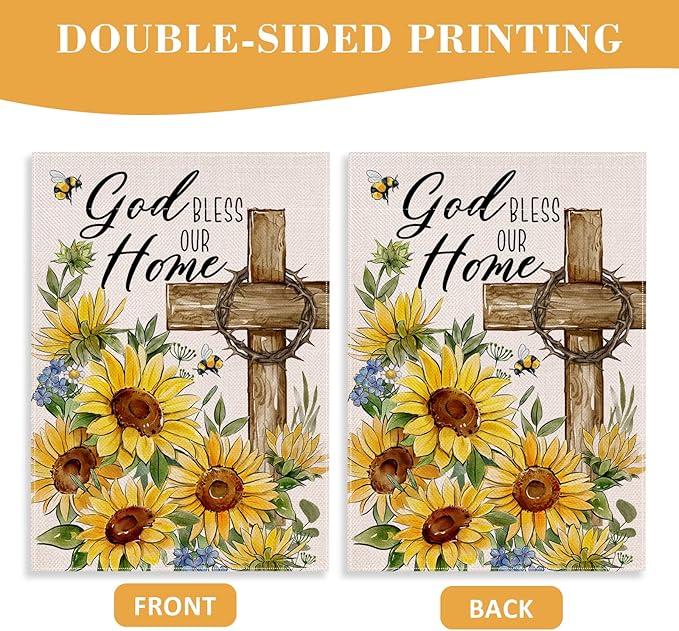 Christian God Bless Our Home Decorative Garden Flag, Religious Spring Summer Easter Cross Sunflower Yard Outside Decorations, Inspirational Fall Autumn Burlap Outdoor Small Home Decor 12 x 18