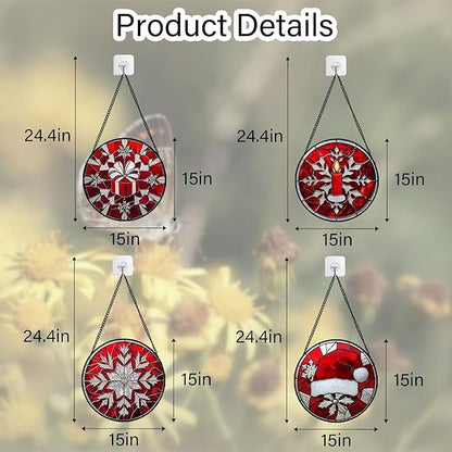 DASTOLL Stained Glass Window Hanging 4 Pcs Set Red Christmas Decorations Theme Large 15" - Suncatcher Door Garden Sun Catcher Decor Birthday for Mom Woman Nana Men Friend Wife