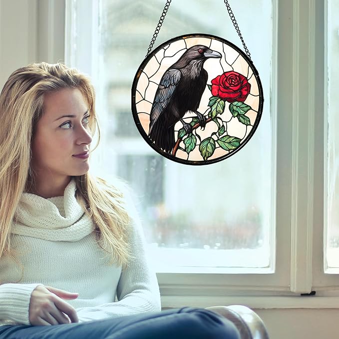 Stained Glass Window Hanging - Black Crow Red Rose Suncatcher for Doors Garden Patio Bird Sun Catchers Decor Christmas Mother's Day Birthday Gifts for Women Men Mom Nana Friend 11.8 in