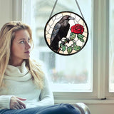 Stained Glass Window Hanging - Black Crow Red Rose Suncatcher for Doors Garden Patio Bird Sun Catchers Decor Christmas Mother's Day Birthday Gifts for Women Men Mom Nana Friend 11.8 in