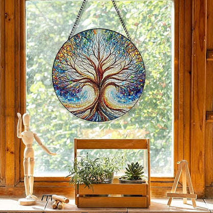 Stained Glass Window Hanging, Blue Tree of Life Suncatcher for Window Doors Garden Home Decoration, Colorful Glass Panel Ornaments for Women,Men,Wife, Lovers, and Mom 7.8×7.8 in