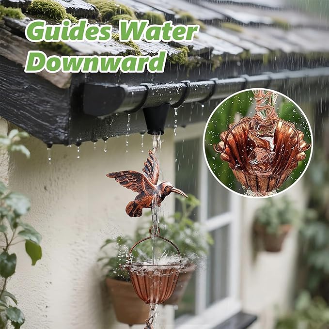 8.8ft Copper Rain Chains for Gutters Outside - Adjustable Steel Hanging Rain Hutter Decorative Rain Catcher with 6 Metal Cups,8 Hummingbird Ornaments for Garden Eaves Drainage