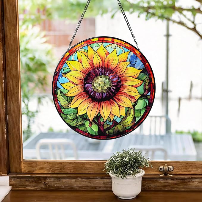 Stained Glass Window Hanging Sunflower Sun Catcher Indoor, Stained Glass Suncathers, Sunflower Gifts for Women,Mom, Grandma and Wife Inspirational Sympathy Gifts 7.8’’ Yellow
