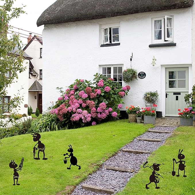 CUweipeng Metal Garden Stakes Decorative - 5 Pcs Funny Working Farm Ant Garden Decor Black Metal Humor Art Yard Stake Animal Outdoor Decoration for Pathway Lawn Garden Backyard Birthday Gift Party #A