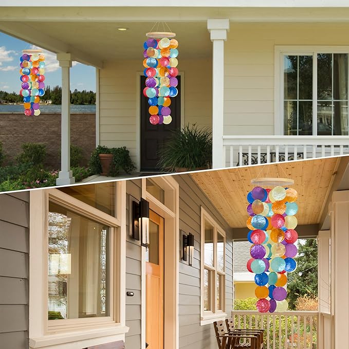 Wind Chimes for Outside - Handcrafted Rainbow Capiz Shells Windchime Coastal Style Decor for Indoor/Outdoors, Garden Decor, Great for Women, Wind Chimes Lovers and More