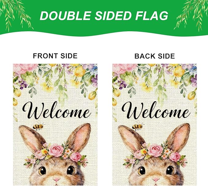 IVN Easter Bunny Garden Flag 12x18 Welcome Cute Bunny Face Floral Crown Roses Spring Flowers Bee Watercolor Double Sided Yard House Flag Seasonal Outdoor Decoration for Outside Home Front Door Lawn Porch Patio Welcome Spring Decor