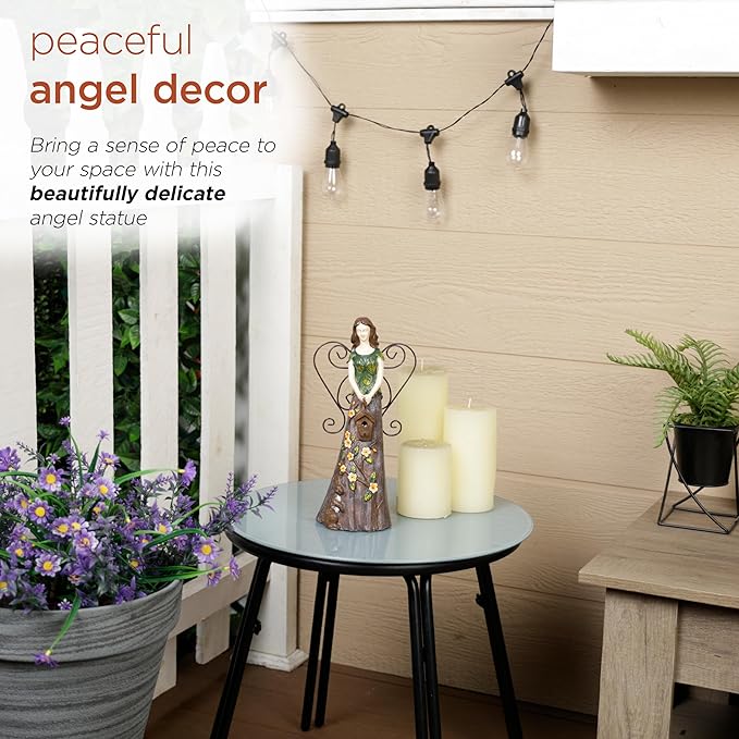 Alpine Corporation WQA1552 Floral Woodland Angel Holding Birdhouse Statue, Sentimental Decor for Garden & Patio, 12" H