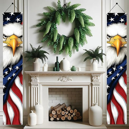 Patriotic Eagle Porch Banners 71x12 Inch American Flag Independence Day Outdoor Decorations Bald Eagle Hanging Porch Signs 4th of July Memorial Day Veterans Day Home Decor