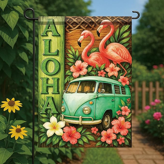 Summer Garden Flag 12x18 Inch Aloha Flamingo Vintage Van Tropical Hibiscus Floral Island Style Outdoor Yard Porch Lawn for Seasonal Coastal Boho Home Decor